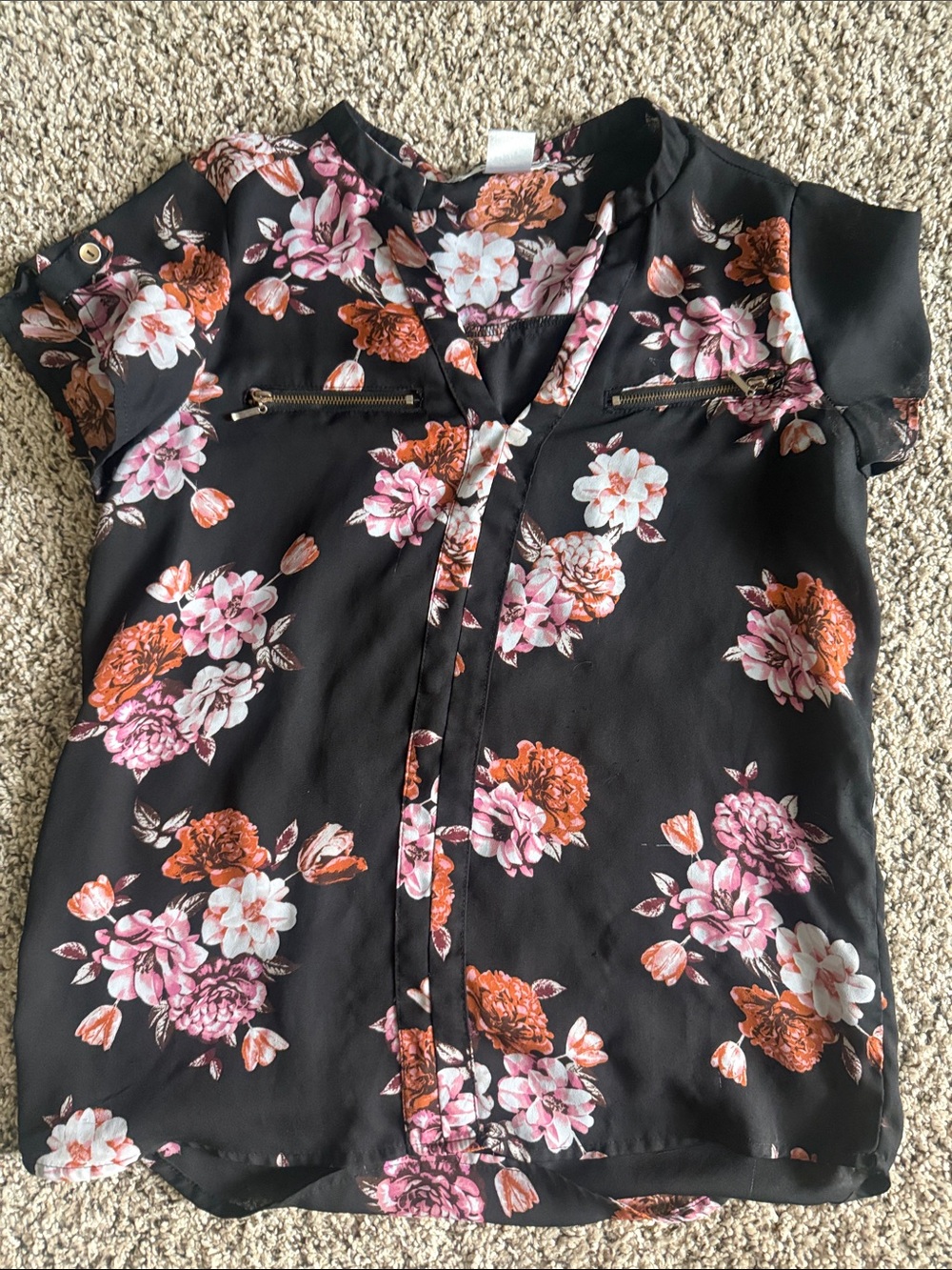 Floral V-Neck Short Sleeve Blouse - Black with Pink & Orange Flowers